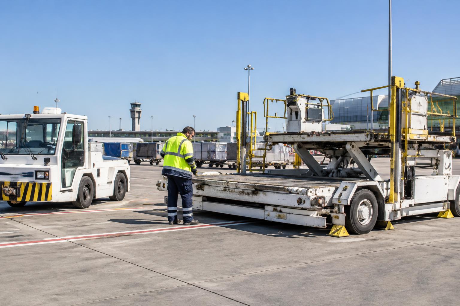 Technicien examinant un chargeur de fret aéroportuaire à l’arrêt, à côté d’un tracteur de remorquage