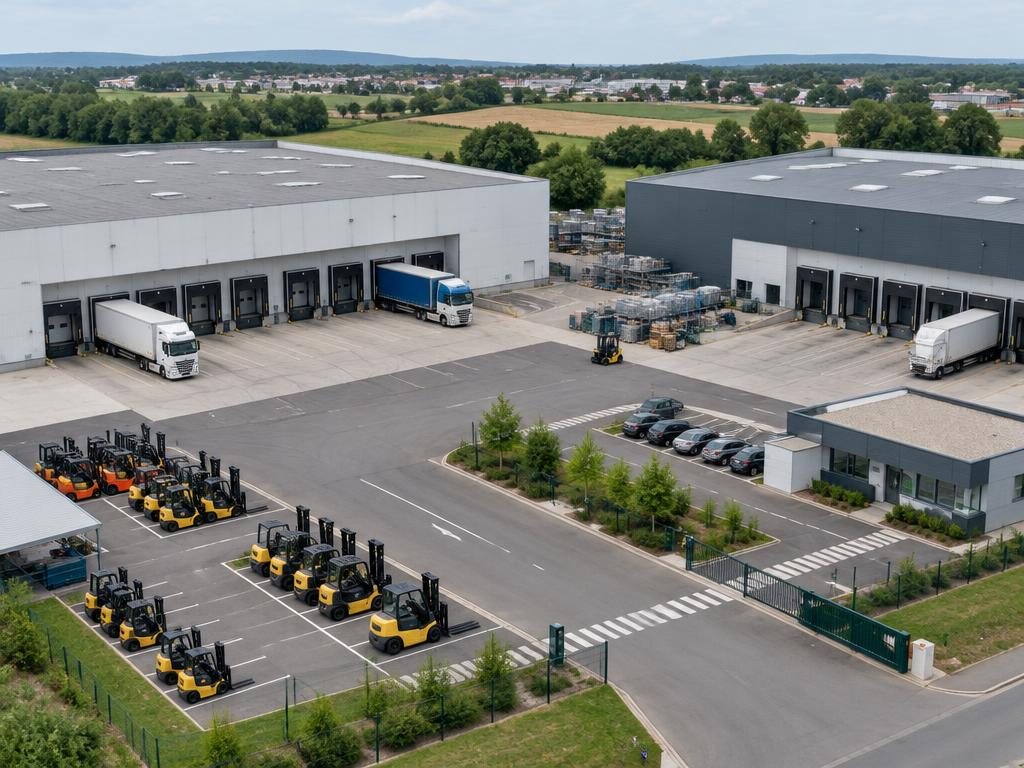 Bâtiments logistiques et parc de matériels répartis sur un site